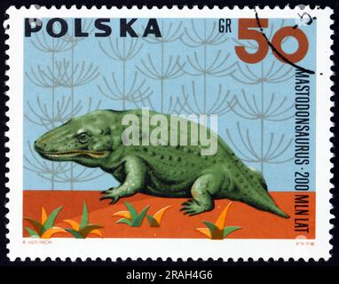 POLEN - CA. 1966: Ein in Polen gedruckter Stempel zeigt Mastodonsaurus, ein prähistorisches Tier, ca. 1966 Stockfoto