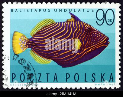 POLEN - CA. 1967: Ein in Polen gedruckter Stempel zeigt den orangefarbenen Triggerfisch, Balistapus undulatus, Fisch, ca. 1967 Stockfoto