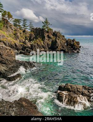 Die felsige Küste von Vancouver Island am Creyke Point im East Sooke Regional Park, British Columbia, Kanada. Stockfoto