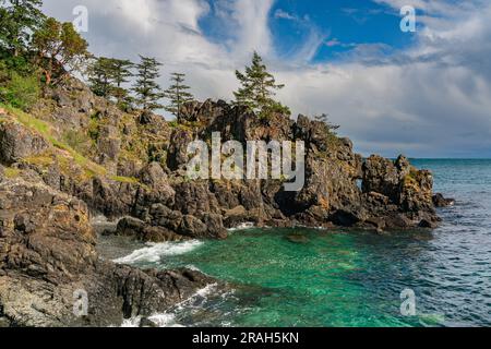 Die felsige Küste von Vancouver Island am Creyke Point im East Sooke Regional Park, British Columbia, Kanada. Stockfoto