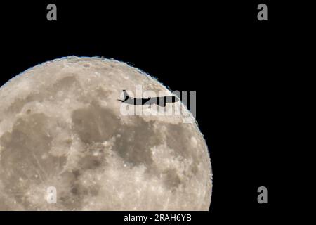 Los Angeles, Kalifornien, USA. 3. Juli 2023. Ein Flugzeug fliegt am Supermond „Buck Moon“ vorbei, dem ersten von vier supermonden im Jahr 2023, der sich montags über Los Angeles erhebt. (Kreditbild: © Ringo Chiu/ZUMA Press Wire) NUR REDAKTIONELLE VERWENDUNG! Nicht für den kommerziellen GEBRAUCH! Stockfoto