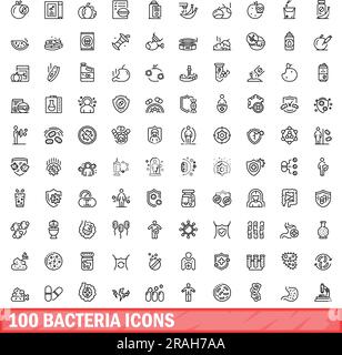 100 Bakteriensymbole eingestellt. Umrissdarstellung von 100 Bakteriensymbolen Vektorsatz isoliert auf weißem Hintergrund Stock Vektor