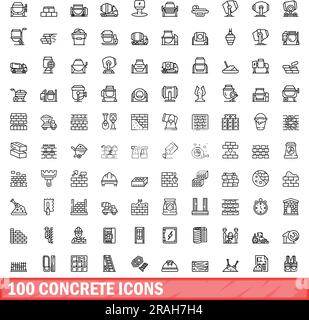 100 Symbole aus Beton. Umrissdarstellung von 100-Betonsymbolen, Vektorsatz isoliert auf weißem Hintergrund Stock Vektor