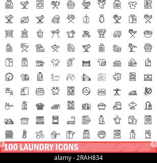 100 Wäschesymbole. Gliederungsdarstellung von 100 Wäschesymbolen, Vektorsatz isoliert auf weißem Hintergrund Stock Vektor