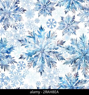 Schneeflocken-Hintergrund. Wiederholte Silbertextur. Schneeabdruck. Nahtloses Muster von wasserfarbenen Schneeflocken. Vektordarstellung Stock Vektor