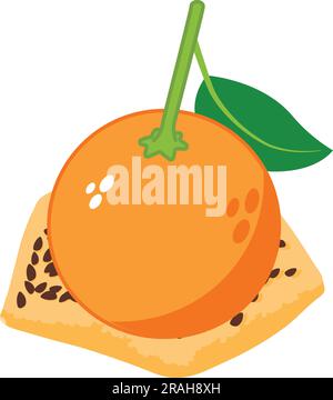 Orangefarbenes Dessertsymbol, isometrischer Vektor. Schwarzer Sesamkeks in der Nähe von frischer, reifer Orange. Dessert, Essenskonzept Stock Vektor