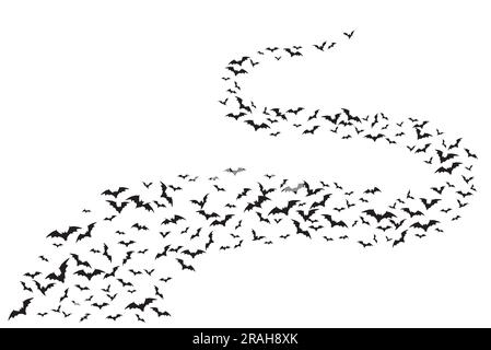 Fliegende Halloween-Fledermäuse. Gruseliger und gruseliger Vektorhintergrund, einfarbige Halloween-Kulisse mit Dracula-Vampir-Fledermäusen, schwarze Silhouetten, fliegende Monster oder Scharen Stock Vektor