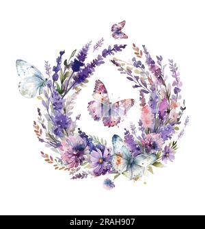 Violetter, wässriger Blumenkranz mit Schmetterlingen. Vektordarstellung Stock Vektor