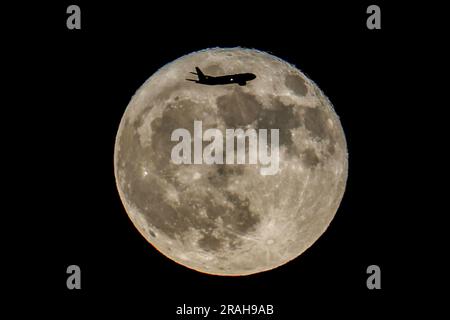 Vereinigte Staaten. 03. Juli 2023. Ein Flugzeug fliegt am Supermond „Buck Moon“ vorbei, dem ersten von vier supermonden im Jahr 2023, der über Los Angeles aufsteigt. Kredit: SOPA Images Limited/Alamy Live News Stockfoto