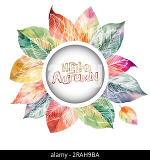 Runder Rahmen mit wässrigen Blättern. Hallo, Herbst. Blumenrahmen. Gemischte Medien. Vektordarstellung Stock Vektor