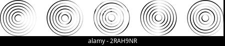 Satz von Symbolen für kreisförmige Welligkeit. Konzentrische Kreise mit gepunkteten unterbrochenen Linien auf weißem Hintergrund. Vortex-, Whirlpool-, Sonar- oder Radarsignal Stock Vektor