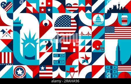 Abstrakte geometrische US-Formen, bauhaus-Muster amerikanischer Reiseziele. Vektorhintergrund einfacher geometrischer Figuren, Sterne und Streifen Flagge, Freiheitsstatue, Brücke, Adler und Cowboyhut Stock Vektor