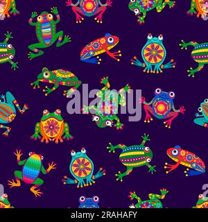 Mexikanische Frösche mit nahtlosem Muster auf dem Hintergrund mit exotischen Cartoon-Tieren, Vektor-farbenfrohen Verzierungen. Mexikanisches oder brasilianisches lateinisches Muster mit tropischen lustigen süßen Fröschen in Alebrije-Kunst oder Blumenmuster Stock Vektor