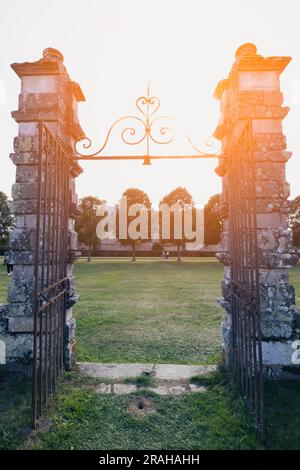 Geschmiedetes altes Tor aus nächster Nähe, der Eingang zum Schloss, das Tor wurde bei Sonnenuntergang aufgenommen. Eine wunderschöne Landschaft hat einen Platz für eine Inschrift. H Stockfoto