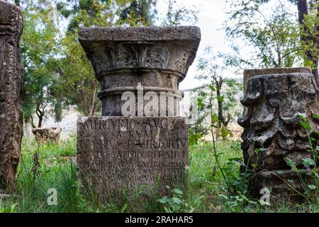 Geschnitzte römische Steine im Djemila-Museum in Setif, Algerien. UNESCO-Weltkulturerbe. Stockfoto