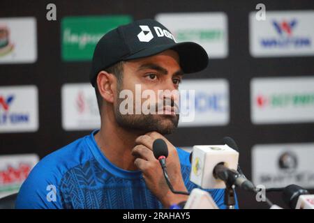 Bangladeshi One Day International (ODI)-Spielkapitän Tamim Iqbal Khan nimmt an Pressekonferenz vor dem Spiel im Zahur Ahmed Chowdhury Stadium (ZACS) Teil Stockfoto