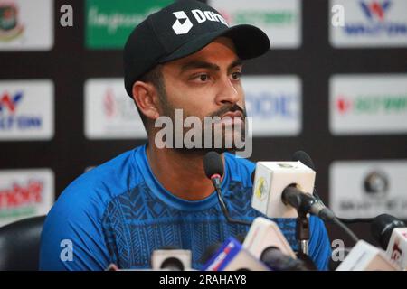 Bangladeshi One Day International (ODI)-Spielkapitän Tamim Iqbal Khan nimmt an Pressekonferenz vor dem Spiel im Zahur Ahmed Chowdhury Stadium (ZACS) Teil Stockfoto