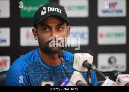 Bangladeshi One Day International (ODI)-Spielkapitän Tamim Iqbal Khan nimmt an Pressekonferenz vor dem Spiel im Zahur Ahmed Chowdhury Stadium (ZACS) Teil Stockfoto