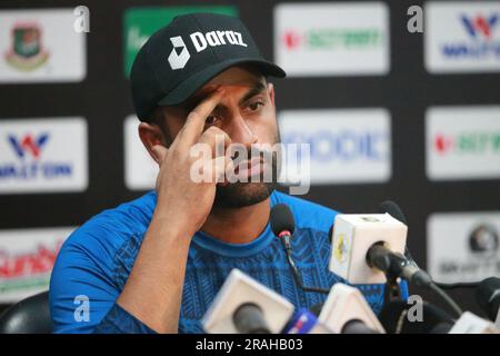 Bangladeshi One Day International (ODI)-Spielkapitän Tamim Iqbal Khan nimmt an Pressekonferenz vor dem Spiel im Zahur Ahmed Chowdhury Stadium (ZACS) Teil Stockfoto