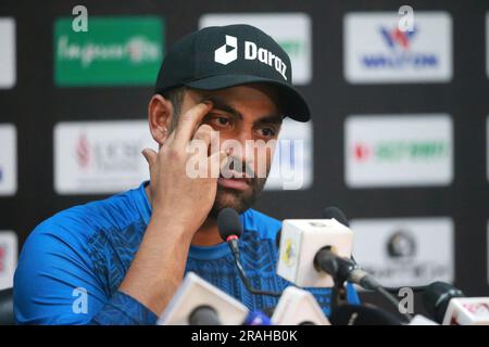 Bangladeshi One Day International (ODI)-Spielkapitän Tamim Iqbal Khan nimmt an Pressekonferenz vor dem Spiel im Zahur Ahmed Chowdhury Stadium (ZACS) Teil Stockfoto