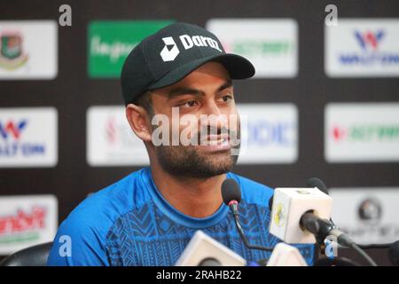 Bangladeshi One Day International (ODI)-Spielkapitän Tamim Iqbal Khan nimmt an Pressekonferenz vor dem Spiel im Zahur Ahmed Chowdhury Stadium (ZACS) Teil Stockfoto