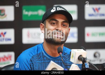 Bangladeshi One Day International (ODI)-Spielkapitän Tamim Iqbal Khan nimmt an Pressekonferenz vor dem Spiel im Zahur Ahmed Chowdhury Stadium (ZACS) Teil Stockfoto