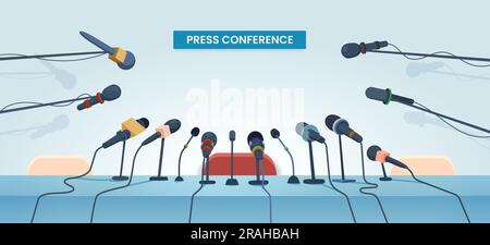 Interviewtisch und Mikrofone für Pressekonferenzen. Öffentliche oder Massenmedienveranstaltung für fernseh- und Radiojournalisten, Interview, Nachrichtenbericht, politische Debatte oder Präsentation. Cartoon-Pressekonferenzraum Stock Vektor