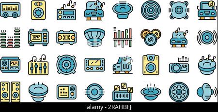 Akustik für die Musiksymbole legt den Konturvektor fest. Bassklänge. Auto cd dünne Strichfarbe flach auf weiß Stock Vektor