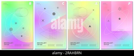 Posterset mit minimalistischen geometrischen linearen Planeten auf Formen im Hintergrund des verlaufenden Raumes. Moderne, brutalistische Grafik mit minimalistischen Aufdrucken. Eine geniale, trendige Y2K-Designvorlage Stock Vektor