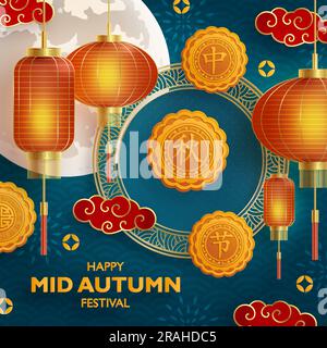 Chinesisches Herbstfestival mit goldenen Kunstwerken aus Papier und Kunsthandwerk auf farbigem Hintergrund mit asiatischen Elementen für Grußkarten, Banner, Web (Übersetzung) Stock Vektor