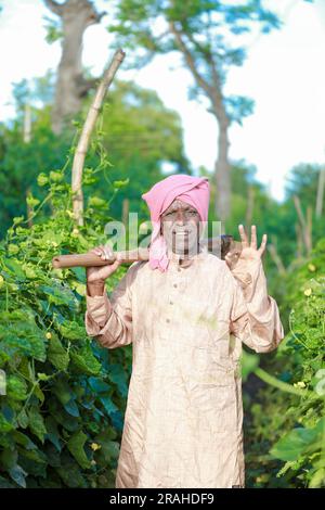 Indische Landwirtschaft glücklicher Bauer mit Schweinebank auf der Farm, armer Bauer, Bauer rettet, Bauer zeigt Ausstellungsstücke Stockfoto