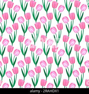 Handgezeichnete, wasserfarbene, rosa Tulpen, nahtloses Muster auf weißem Hintergrund. Kann für Stoff, Textil, Geschenkverpackungen verwendet werden Stockfoto