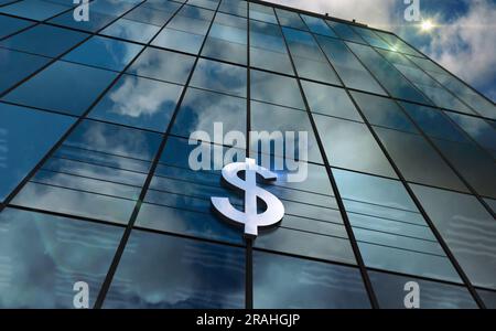 Dollar-Symbol USD-Geld Glasbaukonzept. Bank-Symbol für wirtschaftliche Finanzen und Banken auf der Frontfassade 3D-Abbildung. Stockfoto