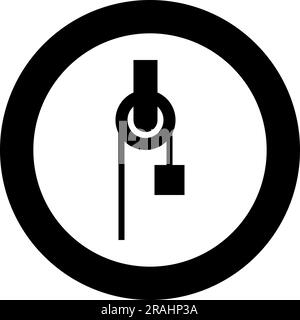 Seilwinde mit Seilrolle Konstruktion Kletterblock Ausstattungsscheibe mit Ladungsgewicht Symbol für Frachtlast in kreisförmigem schwarzem Vektor Stock Vektor