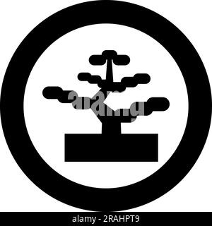 Bonsai Kieferngarten Konzept japanisches Pflanzensymbol im Kreis rund schwarz Vektor Illustration durchgehender Umriss Stil einfach Stock Vektor