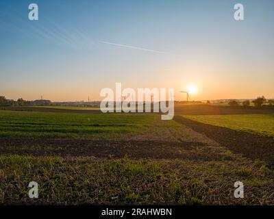 Begeben Sie sich auf eine fesselnde Reise aus der Luft, während die Kamera während des bezaubernden Sonnenuntergangs über ein ruhiges Feld schwingt. Diese atemberaubenden Aufnahmen zeigen die Schönheit der Natur und die Ruhe des ländlichen Lebens aus einer einzigartigen Perspektive. Während die Drohne anmutig über das Feld gleitet, werfen die warmen Strahlen der untergehenden Sonne ein goldenes Licht, das die landwirtschaftliche Landschaft darunter erleuchtet. Die sanfte Brise rauscht die Pflanzen und schafft ein Gefühl von Ruhe und Harmonie. Erleben Sie die Weite des Feldes unter Ihnen, das das Zusammenspiel zwischen Natur und menschlicher Kultivierung offenbart. Erleben Sie das Capti Stockfoto