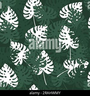 Nahtloses Palmenblattmuster. Tropische Sommertextur mit grünen und weißen Monsterablättern. Dschungelflora im Hintergrund. Dekor aus Textil, Geschenkpapier Stock Vektor
