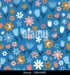 Nahtloses Blumenmuster auf blauem Hintergrund. Wiederhole das Muster mit kleinen abstrakten Blumen. Quadratisches Design. Vektordarstellung. Stock Vektor