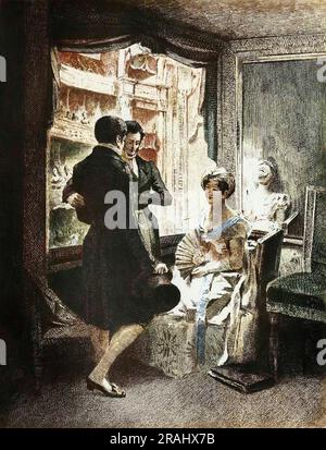 "Eugene de Rastignac presente a Madame de Nucingen par le marquis d'Adjuda". Gravure Milieu 19eme Siecle. Illustration pour 'Le pere Goriot' d'Honore de Balzac (1799-1850). Stockfoto