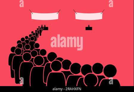 Gegensätzliche Verkäuferszenen. Ein Geschäft mit überlaufender Nachfrage und langen Warteschlangen, während ein anderer untätig ist und keine Geschäfte tätigt. Vektorabbildung zeigt Konz Stock Vektor