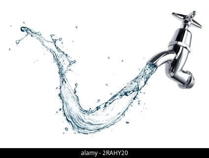 Wasserspritzer fließen aus dem Wasserhahn oder dem weiß isolierten Wasserhahn Stockfoto