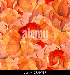 Wasserfarbenes, nahtloses Muster mit handgezeichneten, leuchtend roten Mohnblumen. Vollständiges Füllen des Hintergrunds. Design für Einladungen, Hochzeiten, Liebe oder Stockfoto