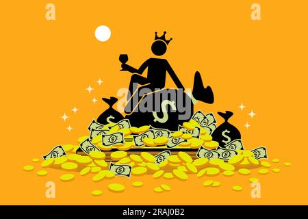 Ein Mann mit einer Krone, der auf einem Haufen Geld und Goldmünzen sitzt. Vektorbilder Clip Art zeigt das Konzept von Reich, Reichtum, Erbe, Glück, Fort Stock Vektor