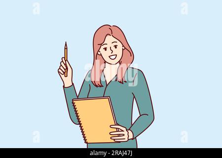 Frau hält Notizblock und Stift in der Hand und empfiehlt einen Arbeitsplan für die erfolgreiche Umsetzung von Terminen. Eine Lehrerin an der Schule mit Lächeln vermittelt Kindern eine gute Bildung und bereitet sich auf Prüfungen vor Stock Vektor