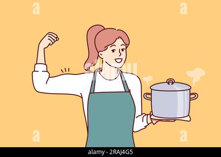 Die Köchin hält Suppe und zeigt Bizeps als Zeichen des Stolzes, komplexe Gerichte zubereiten zu können. Die Hausfrau in der Schürze lächelt und lädt dazu ein, köstliches hausgemachtes Essen aus gesunden Zutaten zu essen Stock Vektor