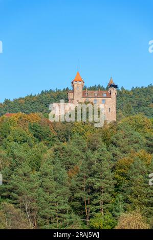 Landschaft mit Blick auf Burg Berwartstein, Erlenbach, Pfalz, Rheinland-Pfalz, Deutschland, Europa Stockfoto