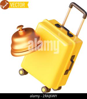 Vektorgelb Reisekoffer und Hotelglocke. Große Plastiktüte auf Rädern und Bronze-Glocke an der Hotelrezeption. Symbol für Hotelbuchung Stock Vektor