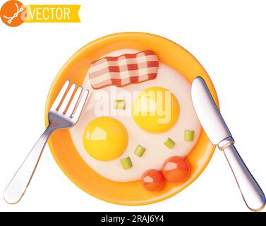 Vector-Frühstückssymbol. Spiegeleier mit gebratenem Speck und frischer Tomate. Orangefarbene Platte, Gabel und Messer Stock Vektor