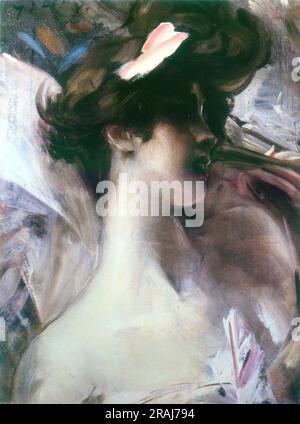 Der Kopf einer jungen Frau auf pinkfarbenem Hintergrund 1912 von Giovanni Boldini Stockfoto