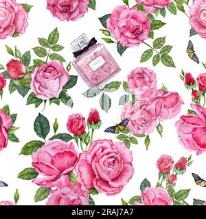 Aquarelle Rosen nahtloses Blumenmuster auf weißem Hintergrund. Illustrationselemente aus grünen Blättern, Blütenköpfen, Schmetterlingen und Parfümflasche Stockfoto